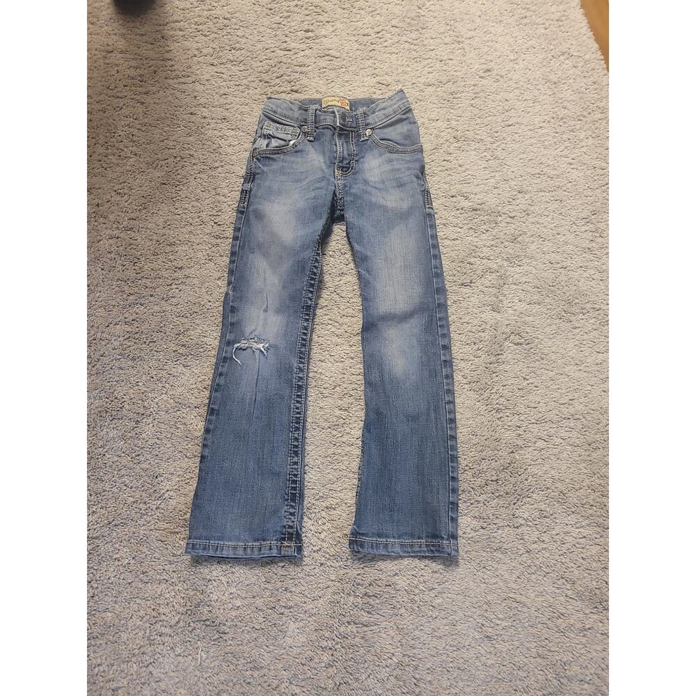 Boys Wrangler 20X Bootcut Jeans Distressed Medium Wash Denim Size 8 Slim
